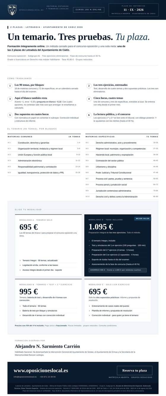 Folleto informativo de Curso Letrado/a - Ayuntamiento de Cádiz 2026