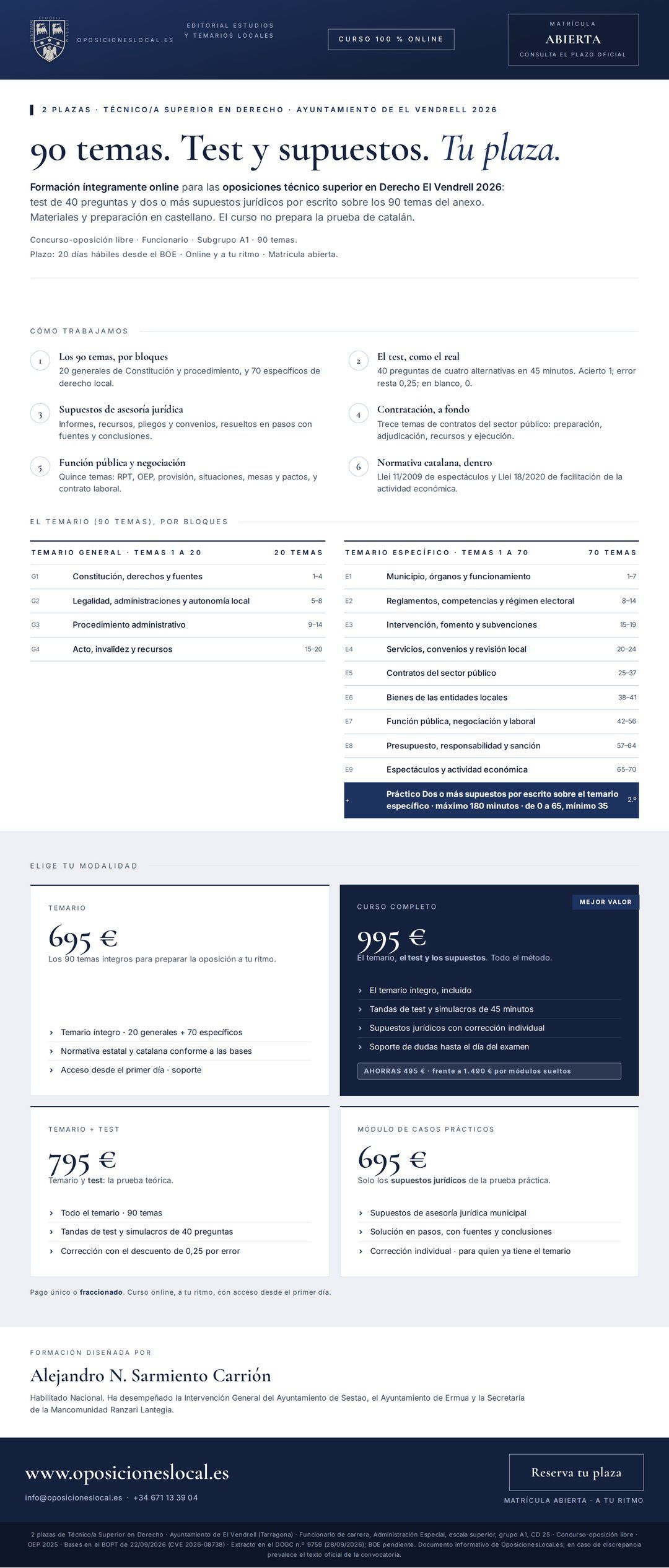 Curso online oposiciones Técnico/a Superior en Derecho Ayuntamiento de El Vendrell 2026