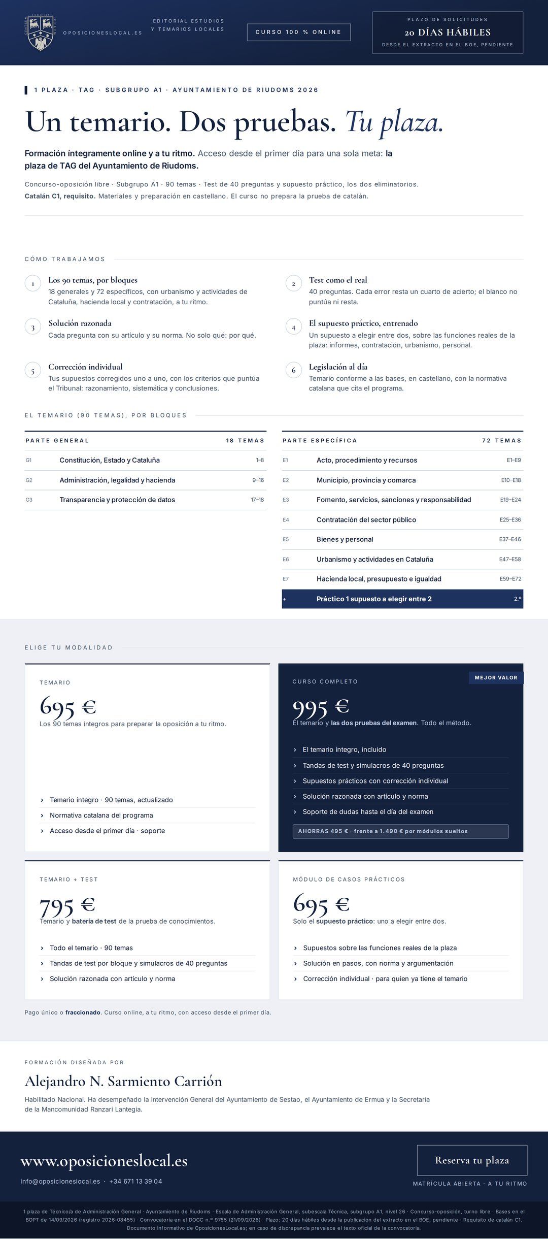 Curso online oposiciones Técnico/a de Administración General Ayuntamiento de Riudoms 2026