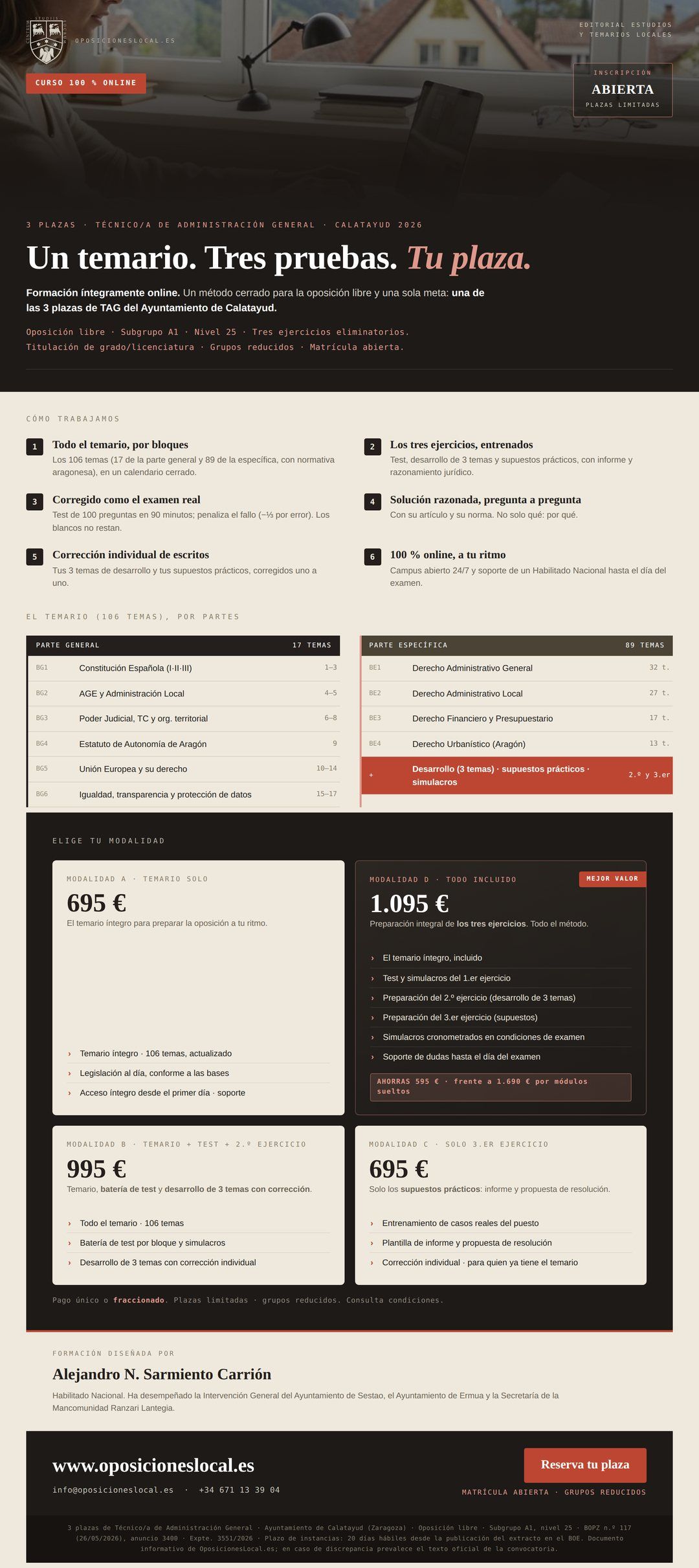Folleto informativo de Curso Oposiciones TAG Ayuntamiento de Calatayud 2026 (3 plazas · A1)