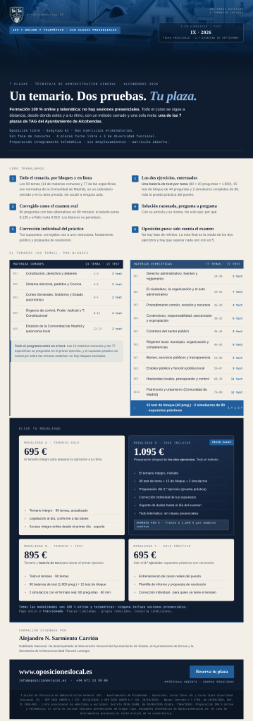 Programa del curso TAG Alcobendas 2026: 90 temas, 1.800 preguntas de test y módulo práctico