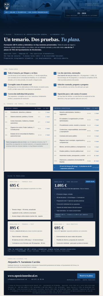 Programa del curso TAG Alcobendas 2026: 90 temas, 1.800 preguntas de test y módulo práctico