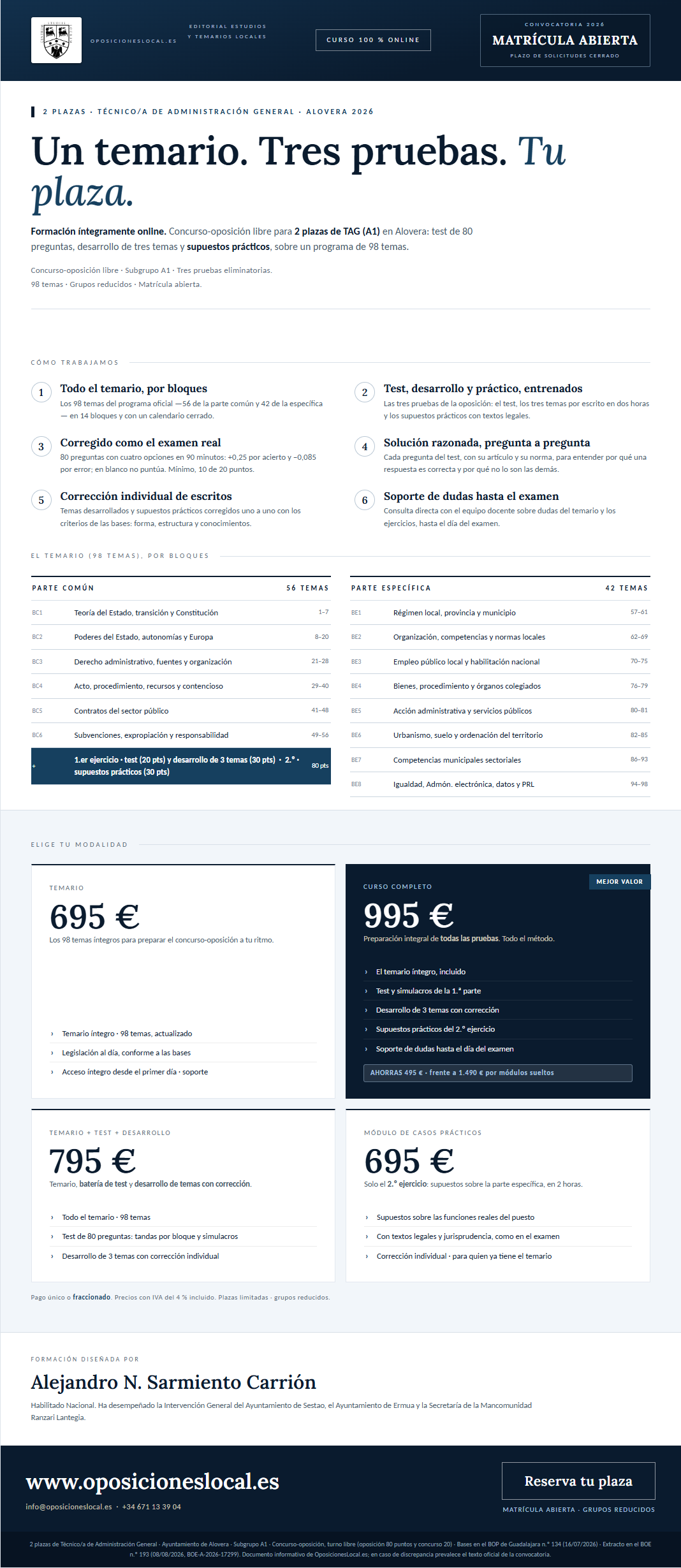 Curso Técnico/a de Administración General · Ayuntamiento de Alovera 2026 · folleto completo