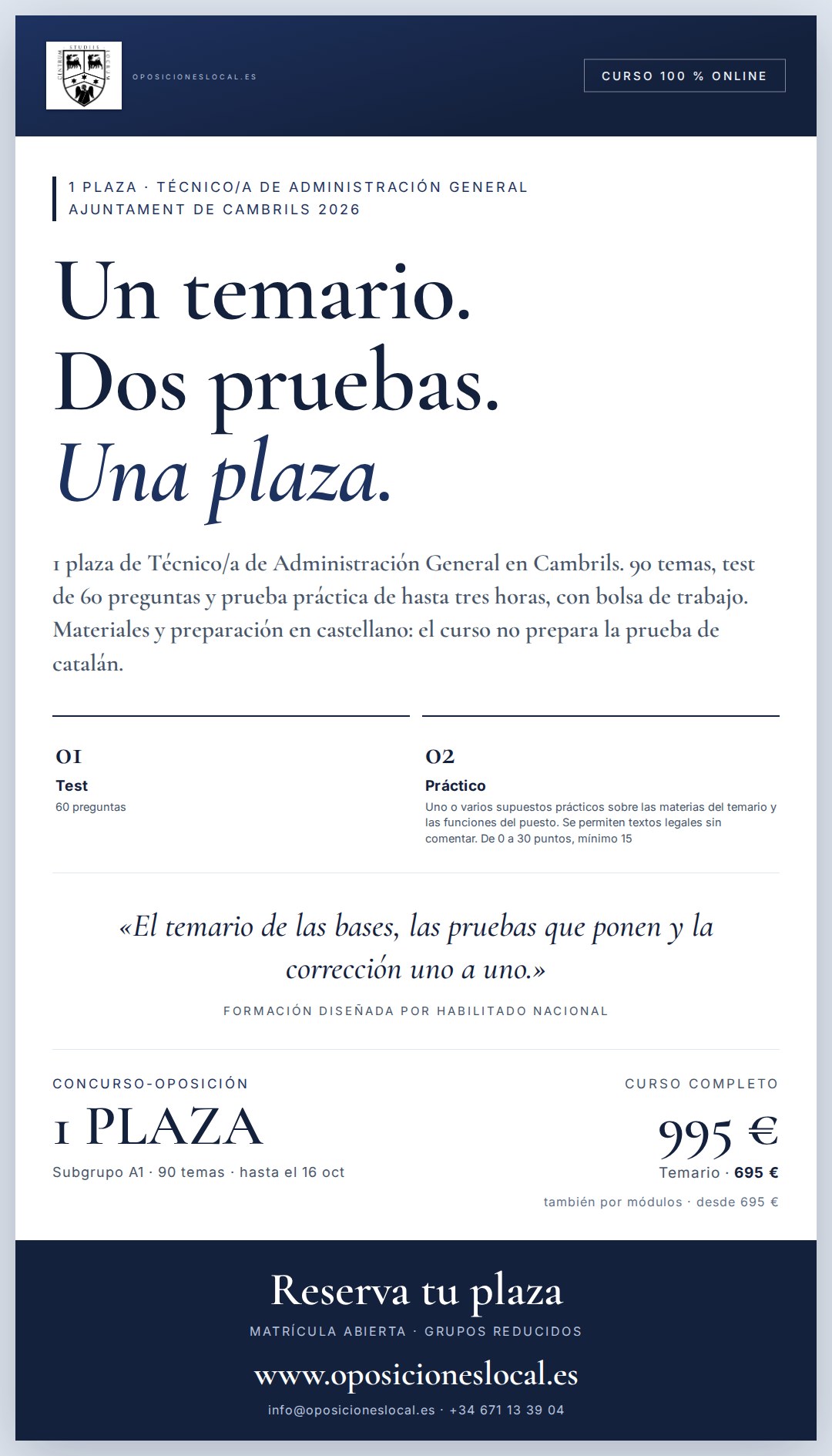 1 plazas de Técnico/a de Administración General · Ajuntament de Cambrils 2026