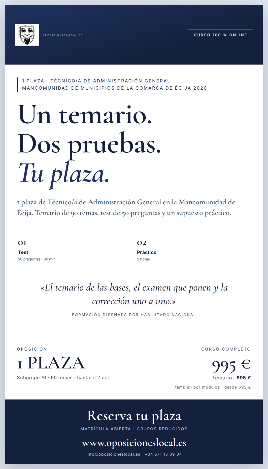 1 plazas de Técnico/a de Administración General · Mancomunidad de Municipios de la Comarca de Écija 2026