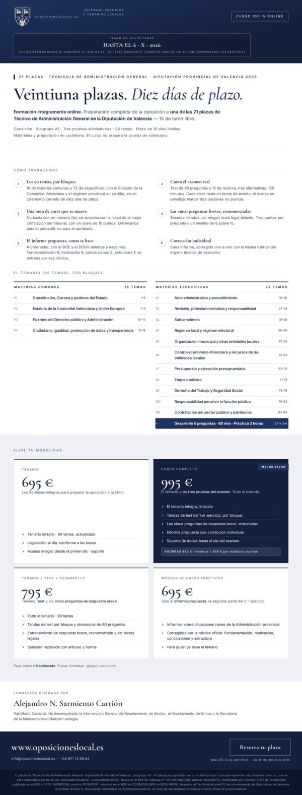 Cartel del curso Técnico/a de Administración General · Diputación de Valencia 2026
