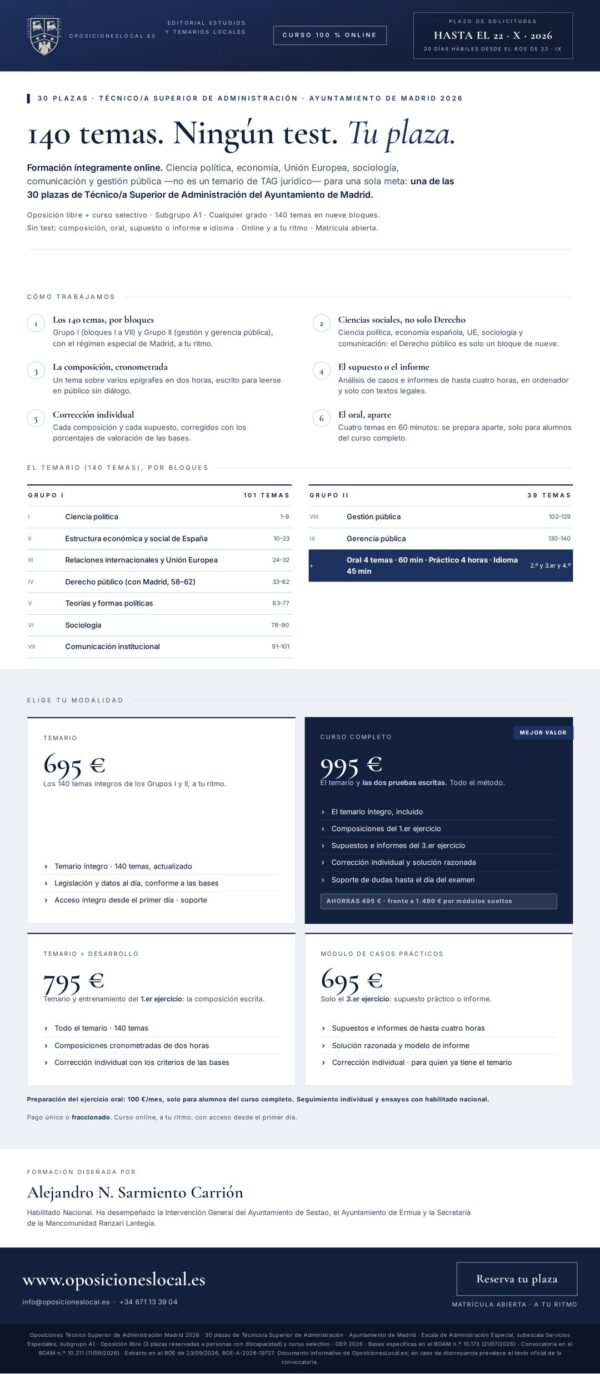 Cartel del curso Técnico/a Superior de Administración · Ayuntamiento de Madrid 2026