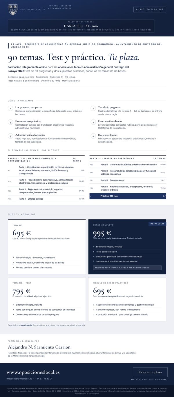 Cartel del curso Técnico/a de Administración General Jurídico-Económico · Ayuntamiento de Buitrago del Lozoya 2026