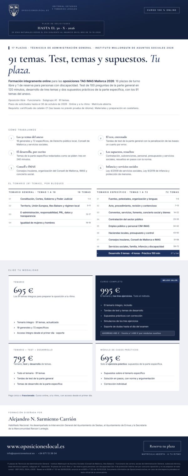 Cartel del curso oposiciones TAG IMAS Mallorca 2026 · Técnico/a de Administración General