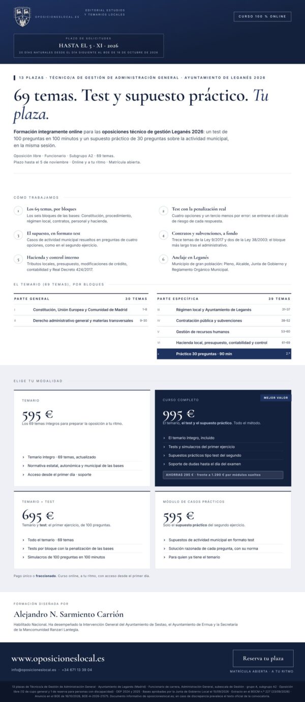 Cartel del curso Técnico/a de Gestión de Administración General · Ayuntamiento de Leganés 2026
