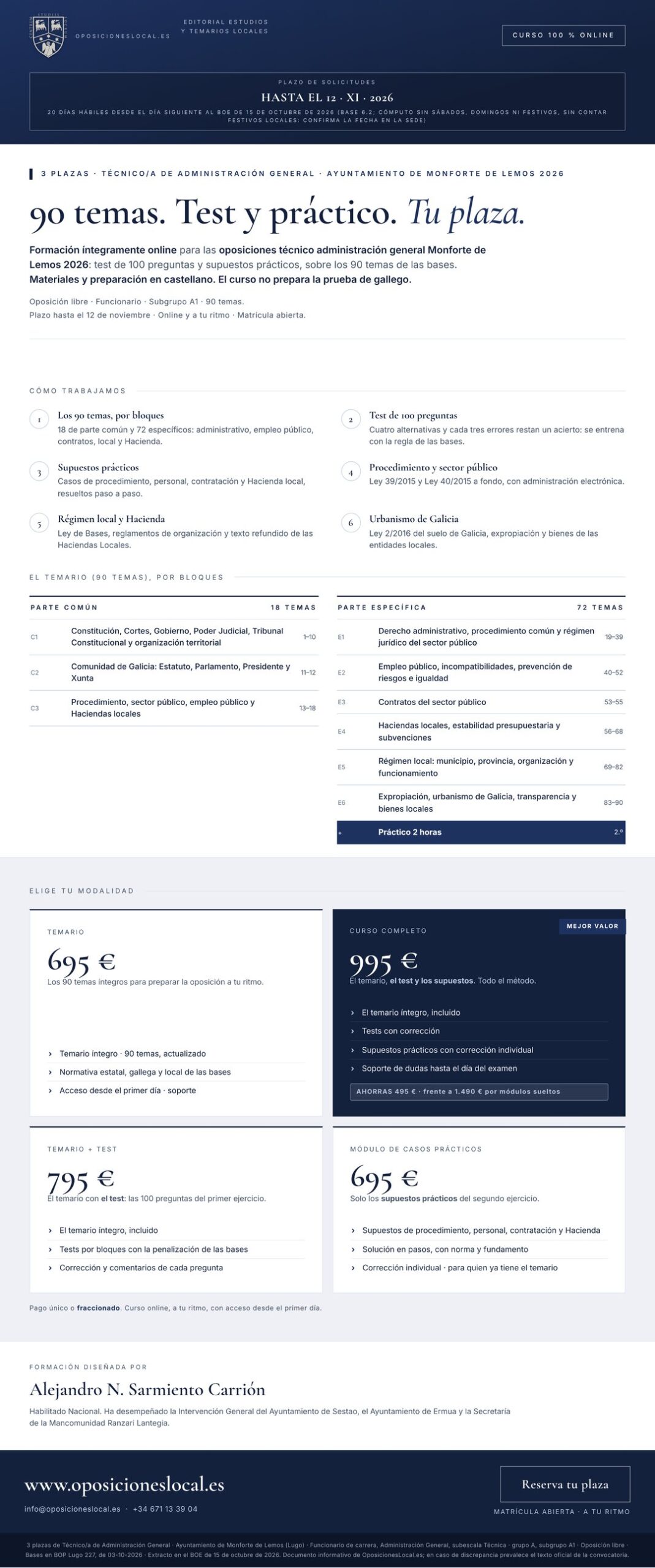 Curso online oposiciones Técnico/a de Administración General Ayuntamiento de Monforte de Lemos 2026