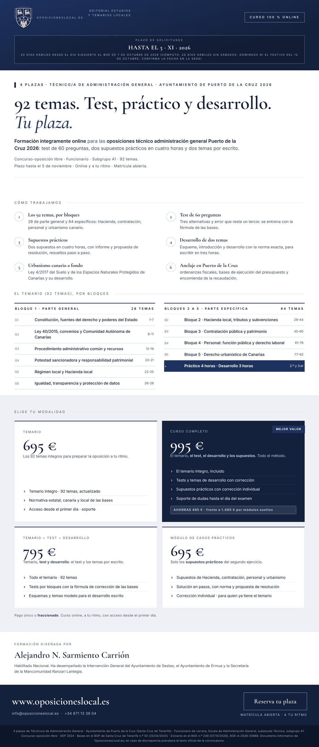 Curso online oposiciones Técnico/a de Administración General Ayuntamiento de Puerto de la Cruz 2026
