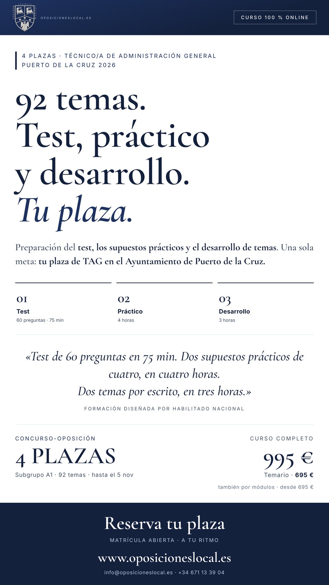 Curso online oposiciones Técnico/a de Administración General Ayuntamiento de Puerto de la Cruz 2026