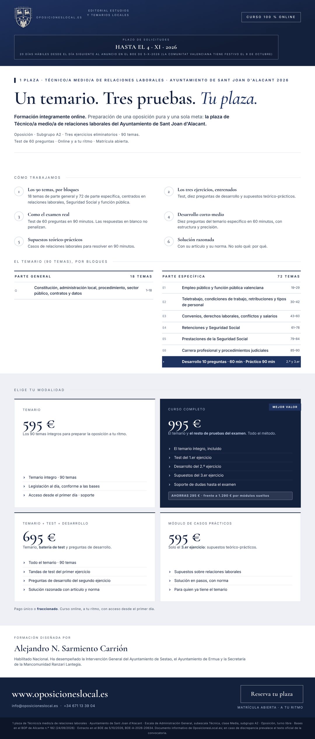 Curso online oposiciones Técnico/a medio/a de relaciones laborales Ayuntamiento de Sant Joan d'Alacant 2026
